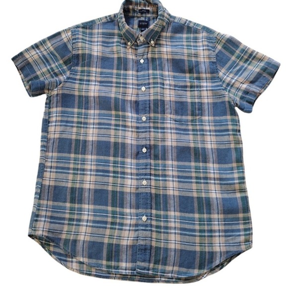 J. Crew Button Down Shirt Man L Green Blue Plaid Short Sleeve Linen Blend Slim - Picture 1 of 8